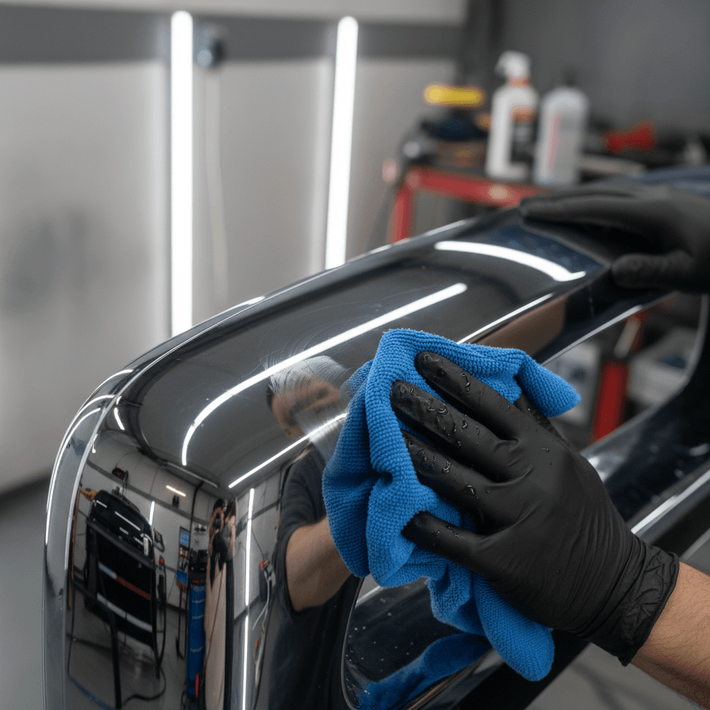 Shiny chrome car bumper being polished with microfiber cloth in workshop lighting