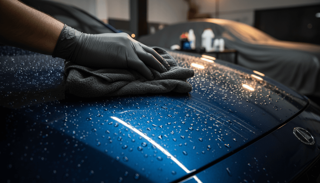 Professional detailer finishing a freshly detailed car hood with a microfiber towel