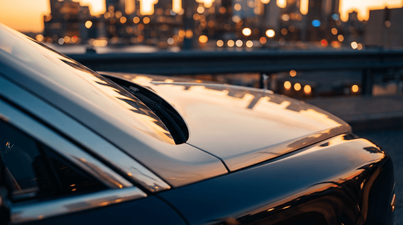 Close-up of a car's polished hood reflecting light, showing professional detailing work