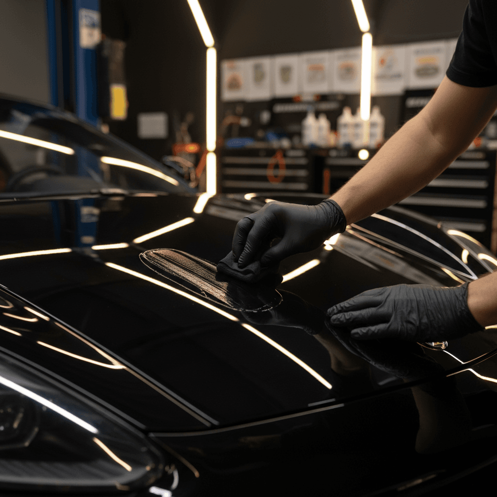 Detailing technician applying coating with precision to vehicle hood in professional detailing bay