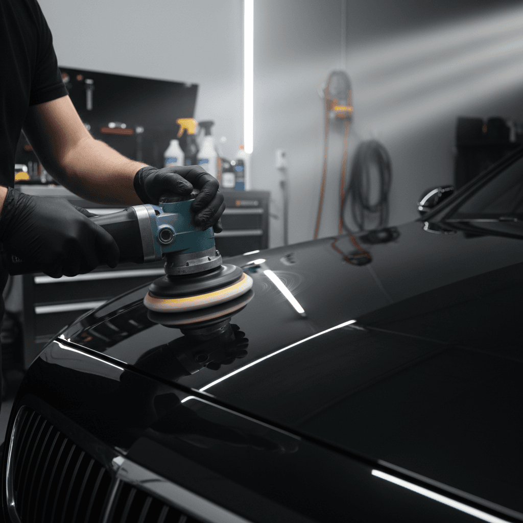 Technician carefully polishing a vehicle's hood with microfiber cloth