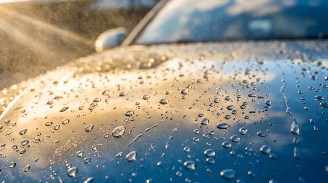 Close-up of a premium car's polished paint reflecting sunlight with professional detailing in progress