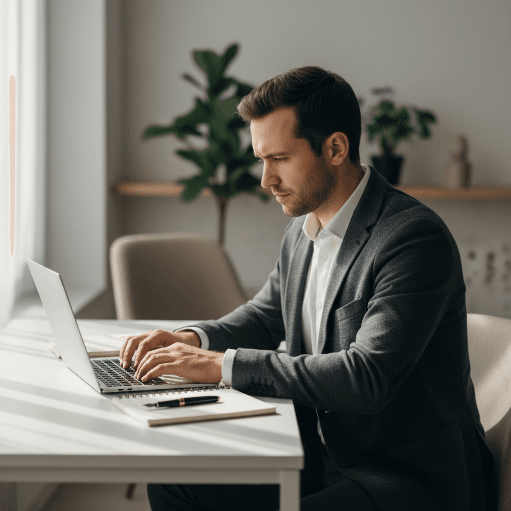 Man focused at desk with laptop, notebook, and pen in bright home office setting