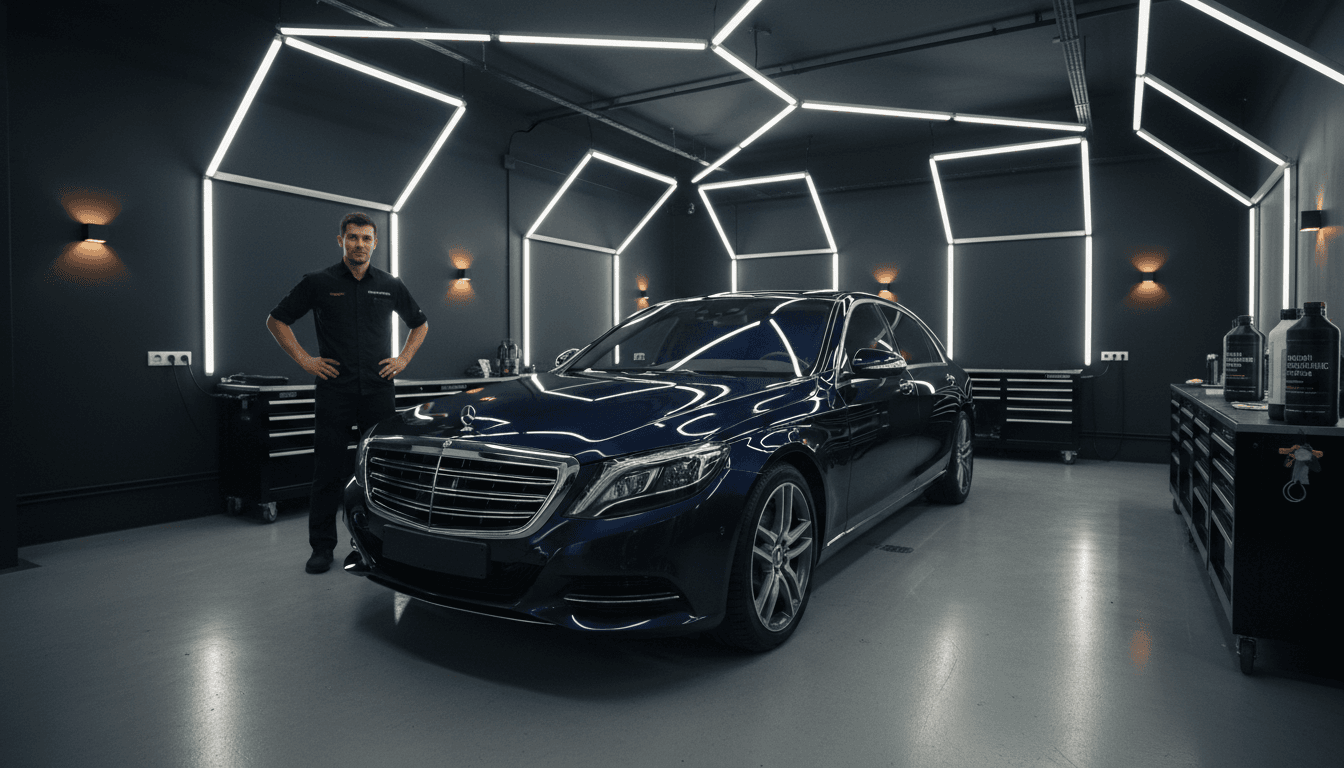 Professionally detailed luxury vehicle with mirror-like paint finish in modern detailing bay